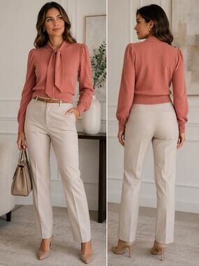 BCBG Pink Tie Neck Swiss Dot Knit Sweater Women's Medium Puff Sleeve Bow Blouse